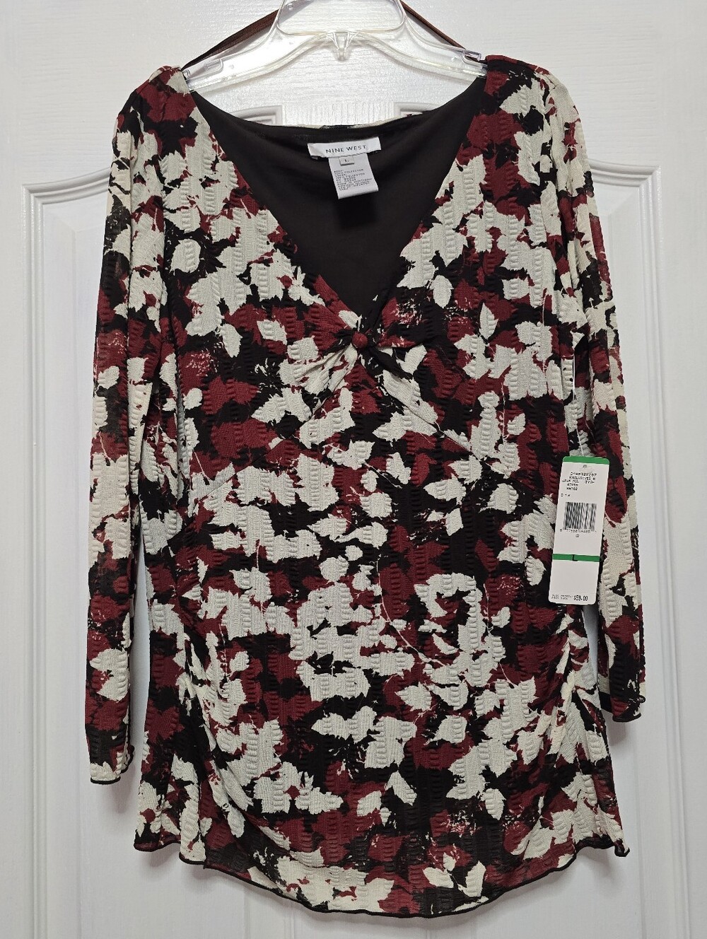 Nine West Floral V-Neck Top - Red/Brown/Cream, size Large
